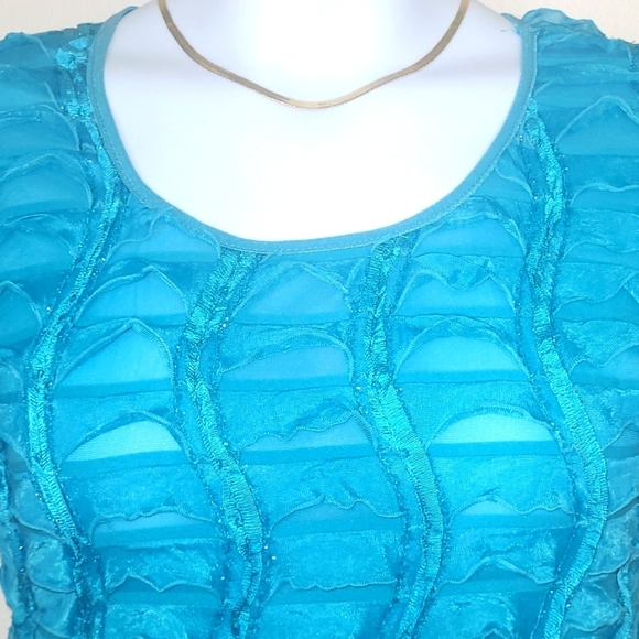 Top pull over Teal sparkly satin ribbon trim short sleeve new directions Medium - Picture 2 of 5